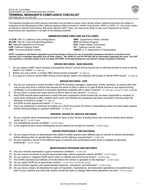 compliance documentation Transportation